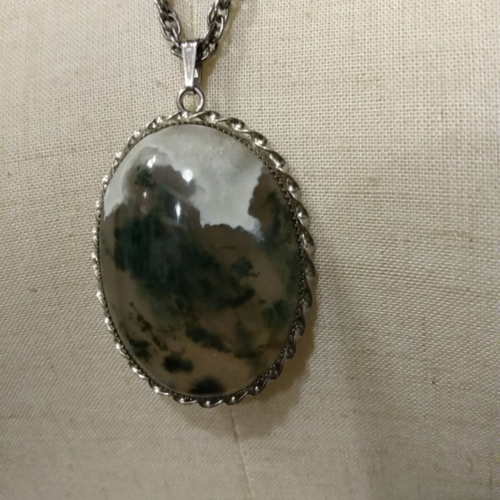 Vtg 1970s Oval Pendant Cabochon Necklace Grey Green Clear Agate? Large Groovy